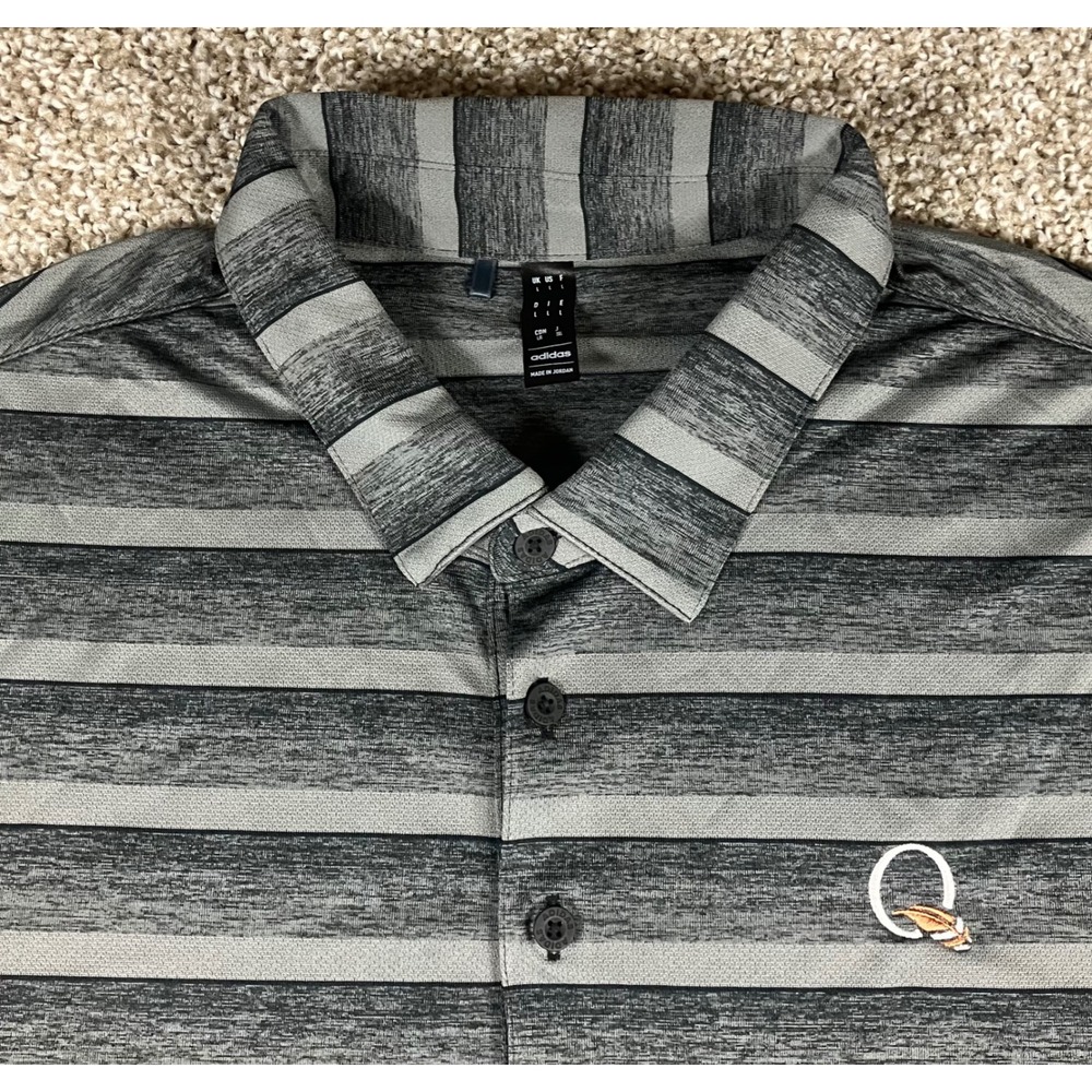 Adidas Quail Hollow Mens Grey Striped Golf Polo Shirt Short Sleeve Size Large